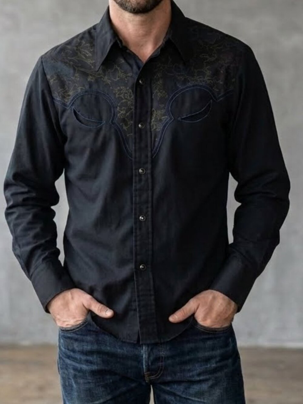 Vintage Dee Cee Western Cowboy Pearl Snap Shirt Black Floral Embroidered Men's M